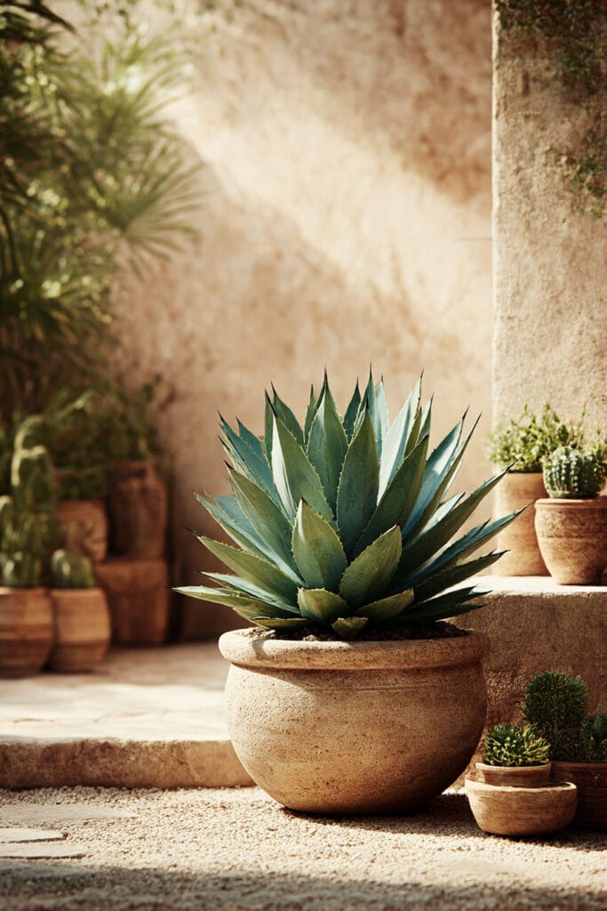 Large agave plant in terracotta planter on Mediterranean-style patio with drought-tolerant desert plants and warm sunlight
