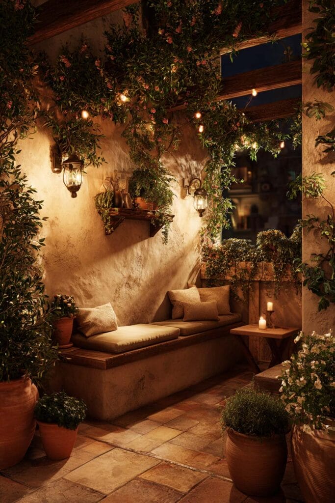 Mediterranean balcony at night with string lights, climbing vines, terracotta planters, candles, and cozy outdoor seating