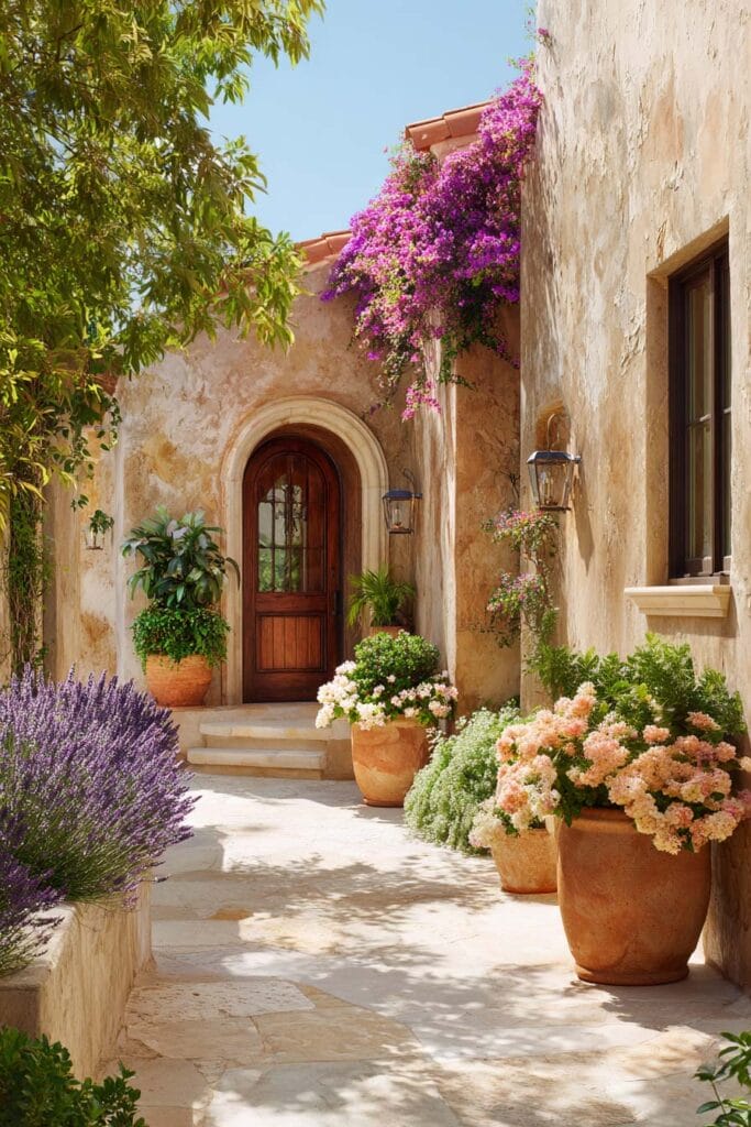 Mediterranean courtyard with lavender, bougainvillea, peach flowers, terracotta pots, and warm sunlit stone walkway