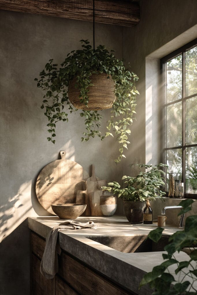 Moody organic modern kitchen with hanging plant, dark wood cabinets, stone countertops, rustic cutting boards, and natural sunlight