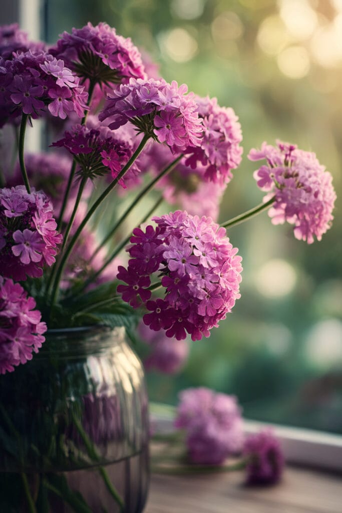 Soft purple heat-tolerant flowers arranged in a glass vase with romantic cottage garden styling and warm natural light