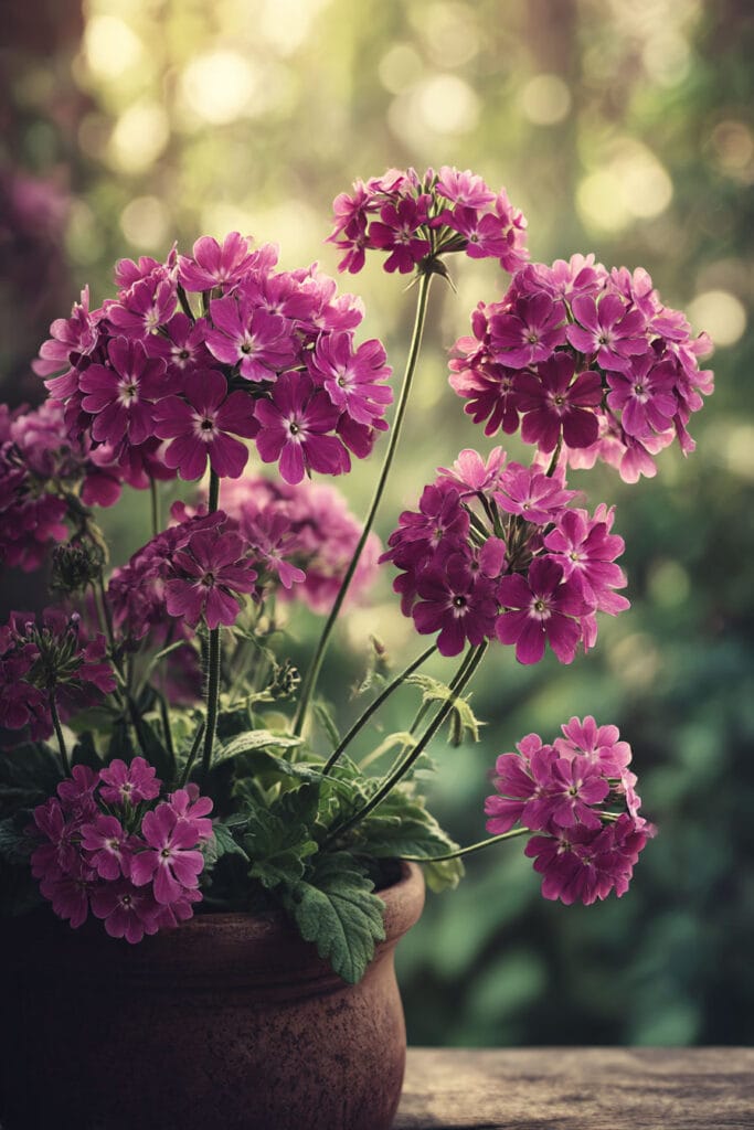 Magenta heat-tolerant flowering plants in a terracotta pot with romantic cottage garden styling and soft natural sunlight