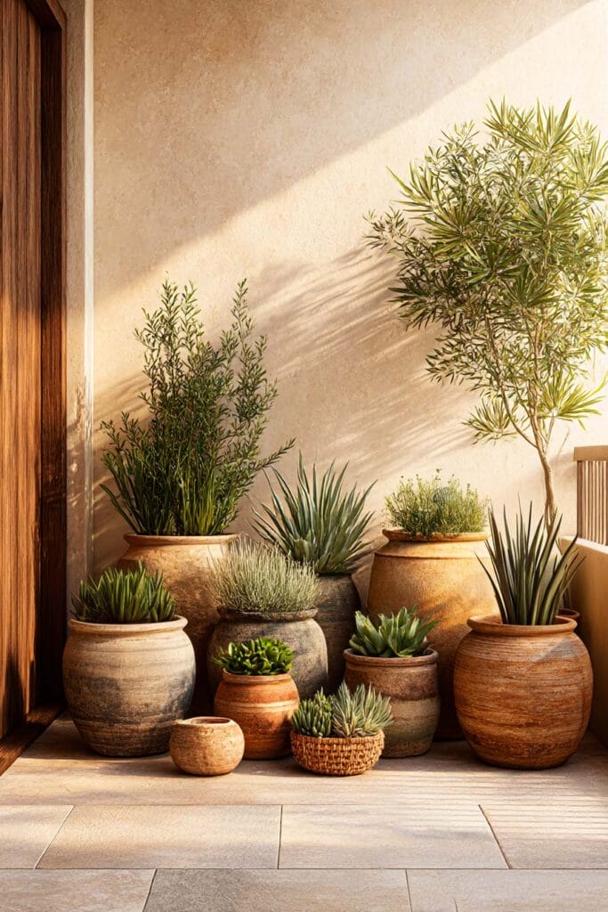 Mediterranean patio corner with terracotta pots, succulents, agave plants, and low-water drought-tolerant greenery