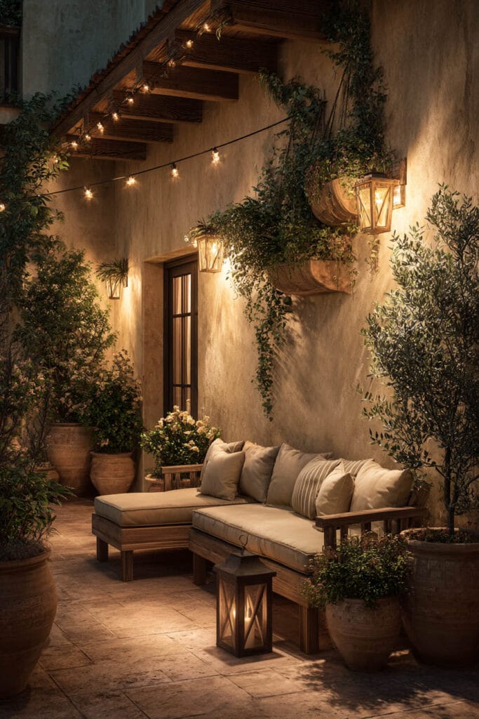 Mediterranean patio at night with string lights, olive trees, lanterns, terracotta planters, and cozy outdoor lounge seating