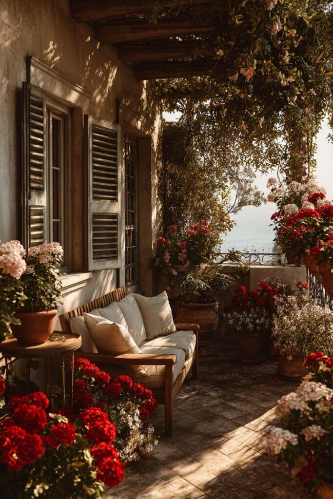 Mediterranean balcony with red geraniums, terracotta flower pots, rustic shutters, and cozy outdoor seating in warm sunlight