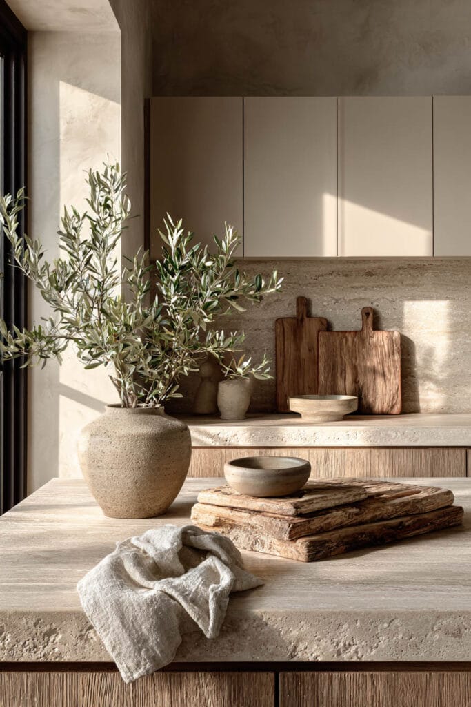 Organic modern kitchen with olive branches, natural stone countertops, warm wood accents, beige cabinets, and earthy neutral decor