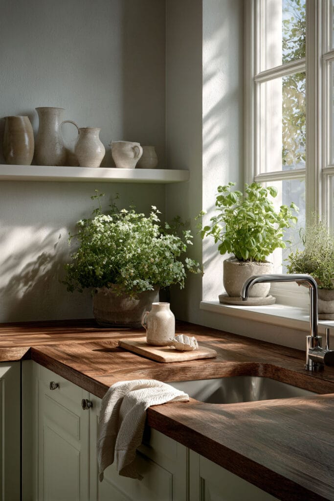 Small kitchen with vertical plant styling, floating shelves, herb plants, and warm wood countertops in natural sunlight