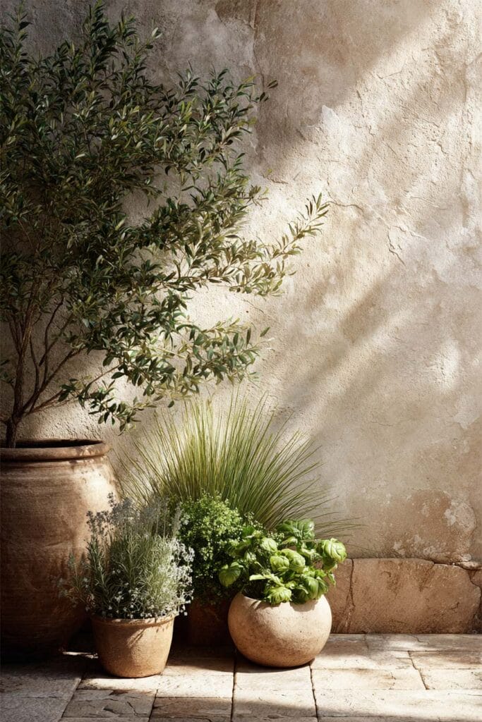 Mediterranean garden corner with olive tree, ornamental grasses, terracotta pots, and low-water heat-tolerant plants