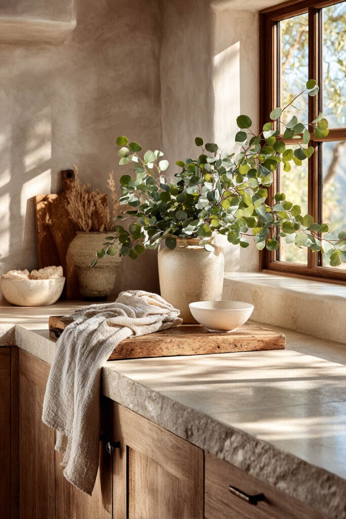 Organic modern kitchen with eucalyptus branches, natural stone countertops, wood cabinets, rustic cutting board, and warm neutral decor