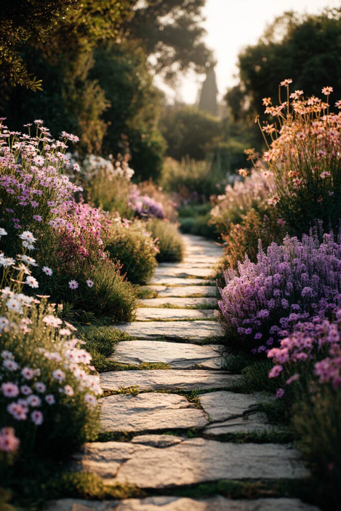 Romantic heat-tolerant flower garden with pastel blooms, stone pathway, and soft cottage garden landscaping in warm evening sunlight