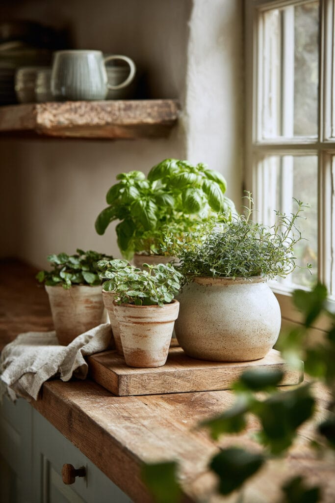 Small kitchen countertop styled with basil, rosemary, and trailing plants in rustic ceramic pots near a bright window