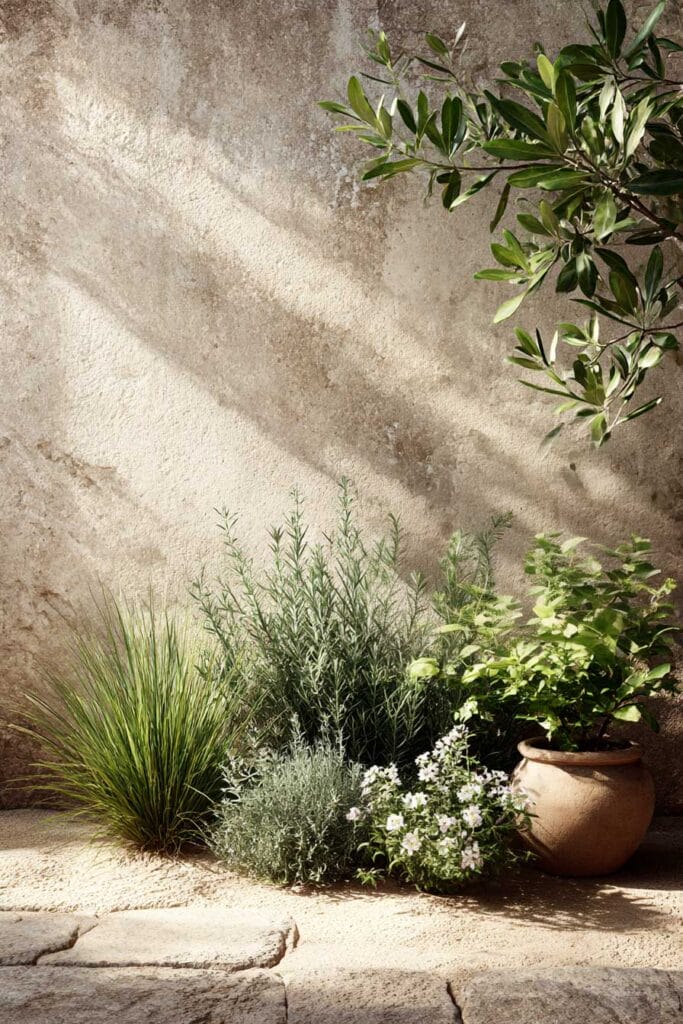 Mediterranean low-water garden with ornamental grasses, lavender, white flowers, olive branches, and terracotta pot styling
