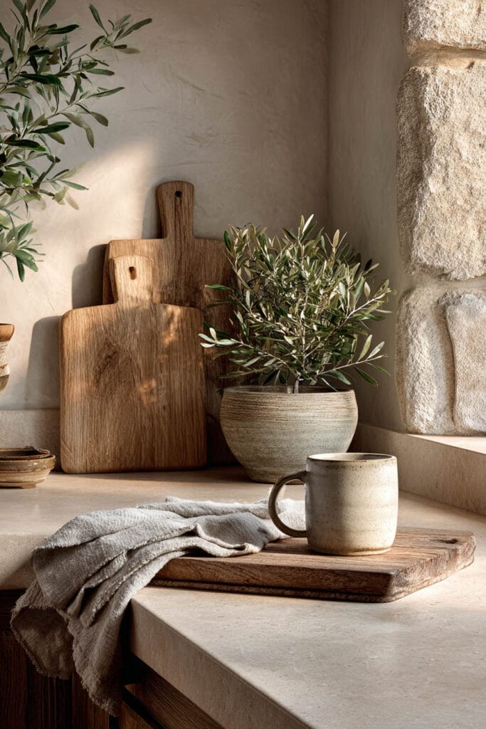 Organic modern kitchen styling with olive plant, rustic wood cutting boards, stone wall texture, ceramic mug, and neutral decor