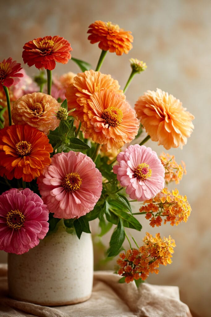 Heat-tolerant zinnias and flowering plants in peach, coral, and pink tones arranged in a soft romantic floral bouquet