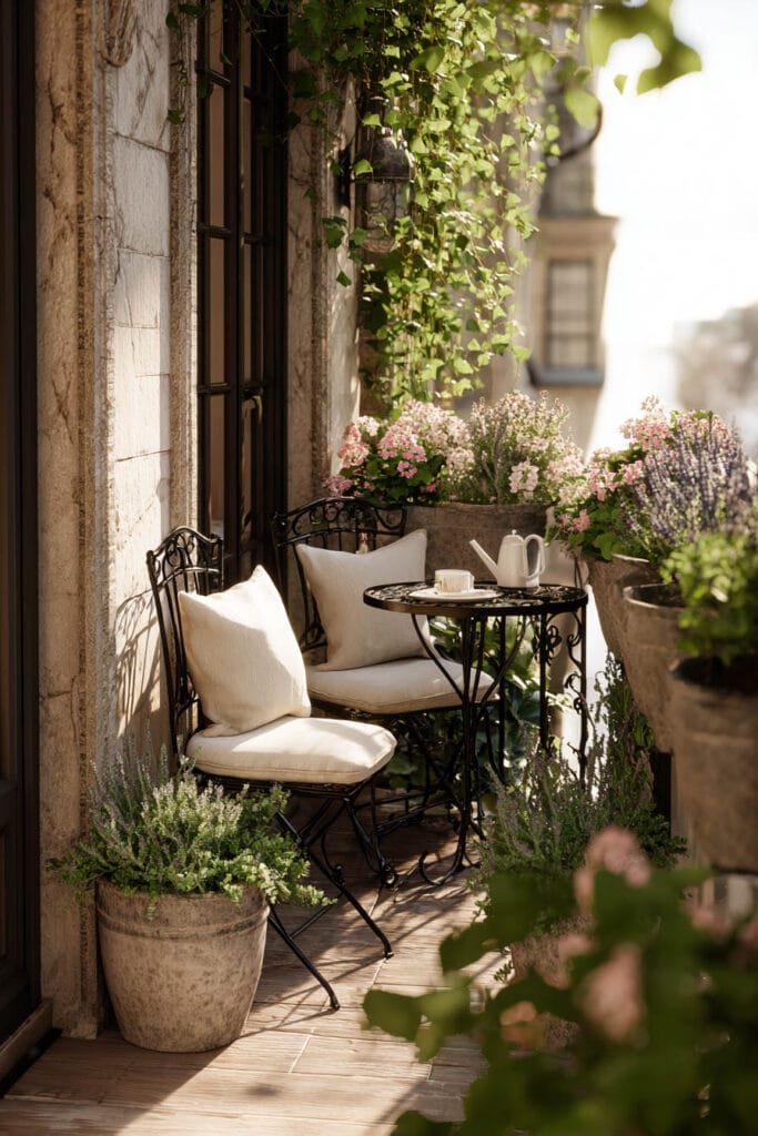 Charming Paris balcony with black wrought iron bistro set, flower-filled planters, climbing vines, and cozy outdoor seating in soft morning light