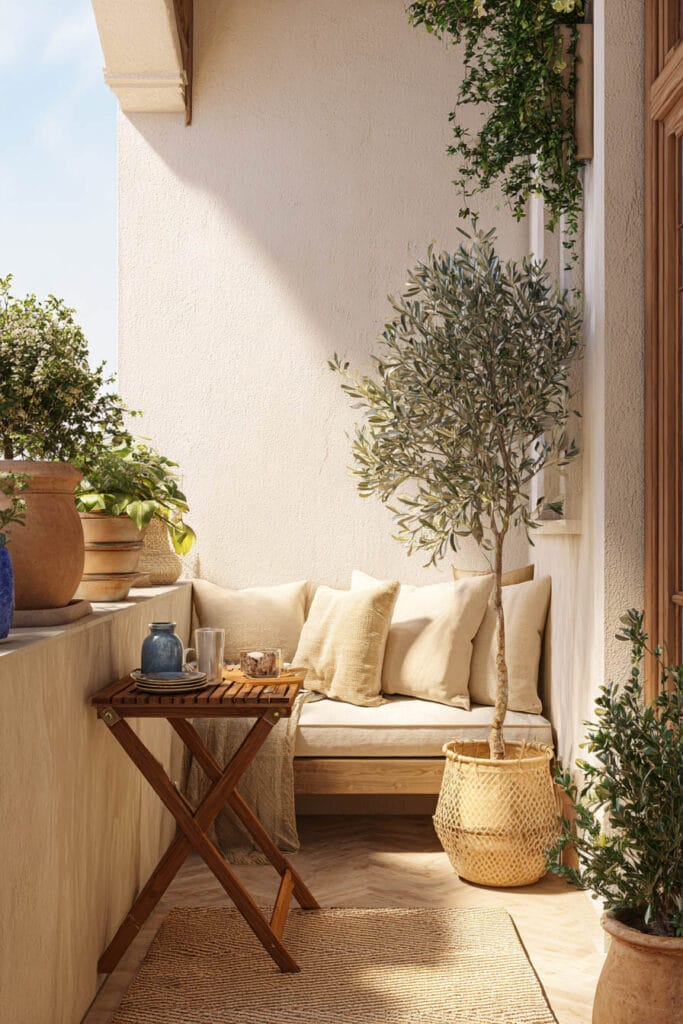Cozy Mediterranean balcony with olive tree, neutral cushions, woven planter, wooden furniture, terracotta pots, and warm sunlit outdoor seating area.