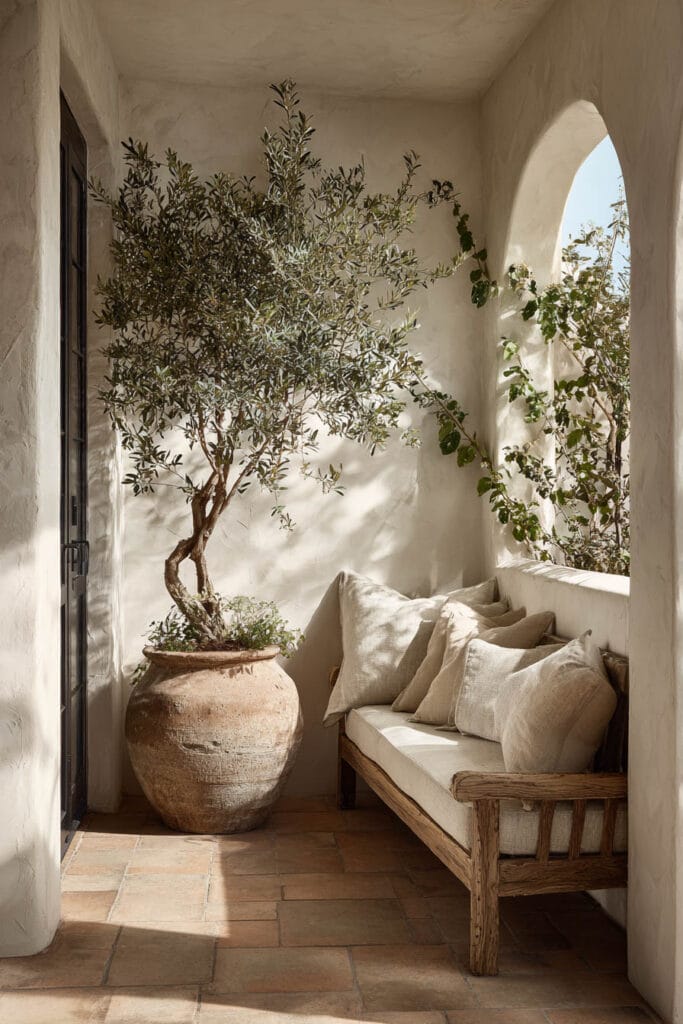 Mediterranean balcony with large olive tree in oversized terracotta pot, rustic wood bench, linen cushions, stucco walls, and warm Mediterranean decor.