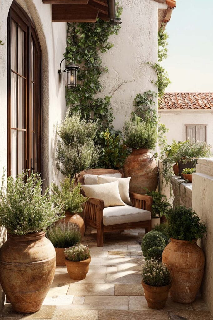 Mediterranean balcony with large terracotta pots, rustic wooden chair, climbing vines, stucco walls, and layered greenery creating a warm outdoor retreat.