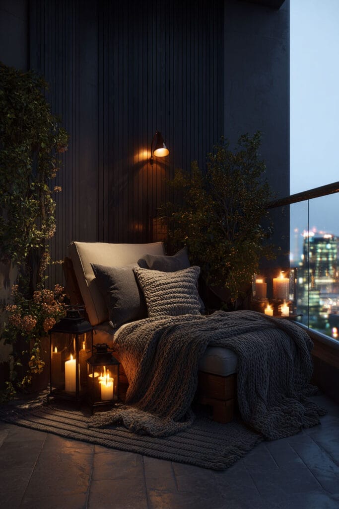 Moody balcony with cozy lounge chair, knit blankets, candle lanterns, potted plants, dark wall paneling, and warm ambient lighting at night.