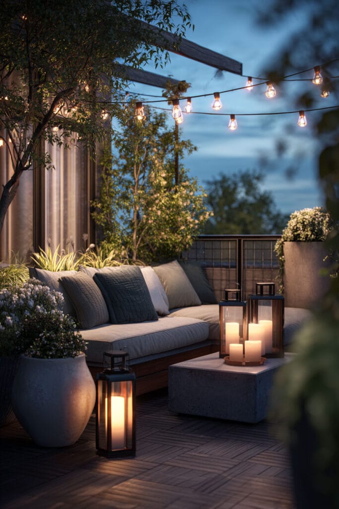 Moody balcony with string lights, lanterns, candles, cozy seating, and lush plants creating a warm evening glow.