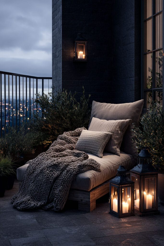 Moody balcony lounge chair with lantern candle lighting, chunky knit blanket, neutral cushions, and soft evening ambiance creating a cozy outdoor retreat.