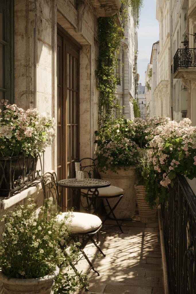 Paris balcony with wrought iron bistro table, pink flowers, climbing vines, and hidden café atmosphere