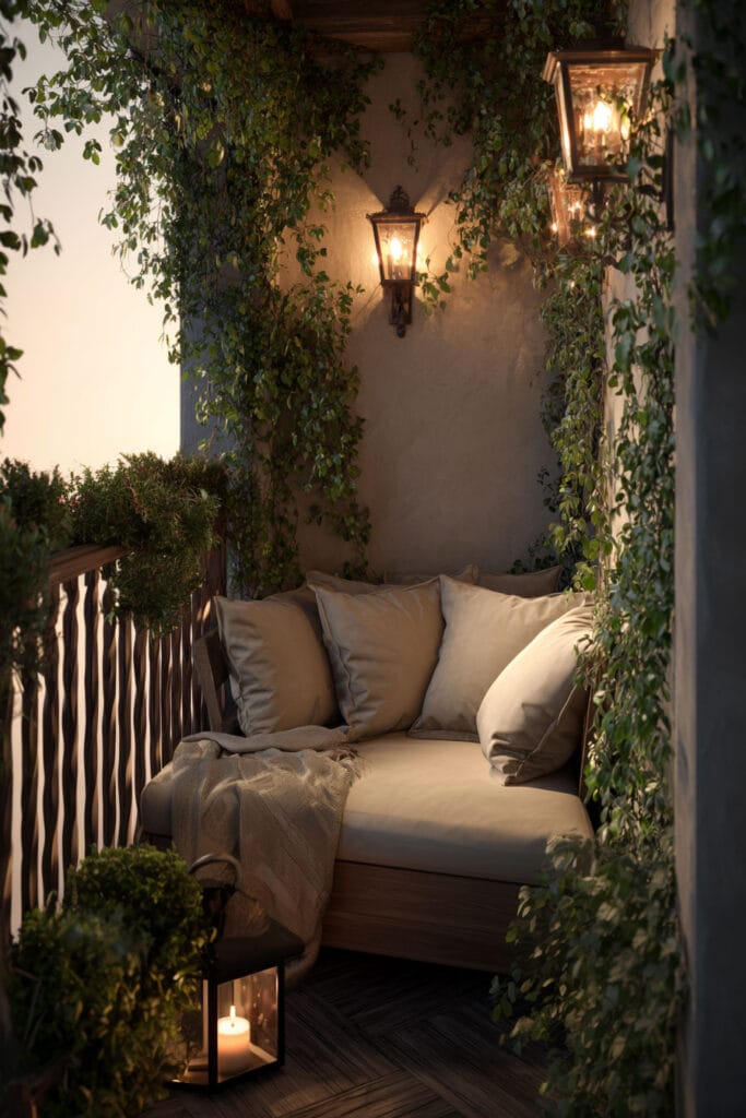 Romantic balcony with warm lantern lighting, climbing vines, neutral cushions, candle lantern, and cozy seating area at sunset.