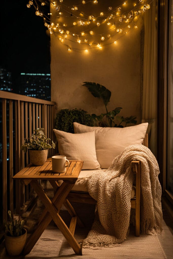 Small balcony with warm string lights, cozy chair, neutral cushions, wooden side table, and soft blanket creating a relaxing outdoor seating area at night