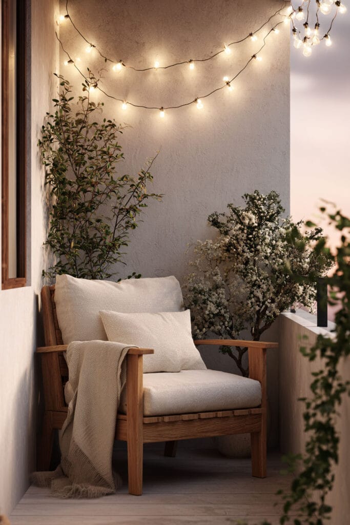 Small balcony with warm string lights, neutral outdoor chair, soft beige cushions, and potted plants creating a cozy evening retreat.