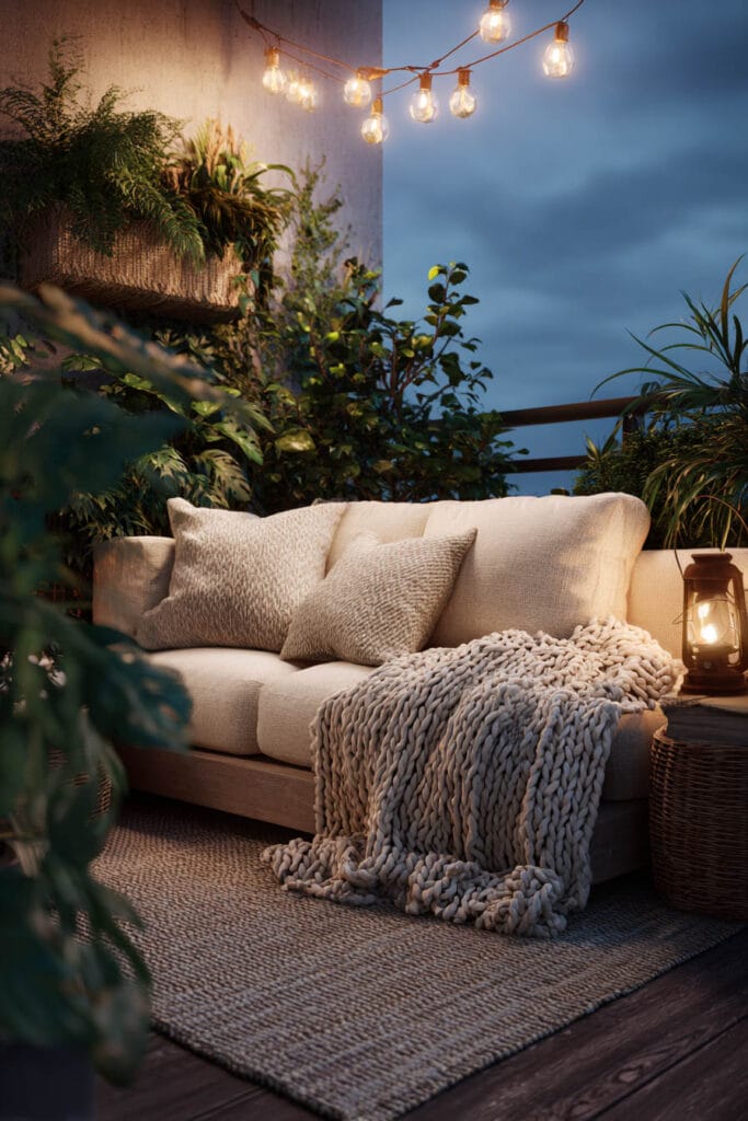 Cozy romantic balcony with cream outdoor sofa, knit throw blanket, string lights, lantern lighting, and lush plants creating a warm evening atmosphere.