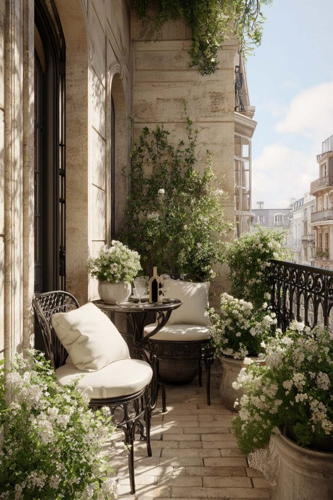 French balcony decorated with a black wrought iron bistro set, white flowering plants, stone architecture, climbing vines, and elegant Parisian-inspired outdoor decor.