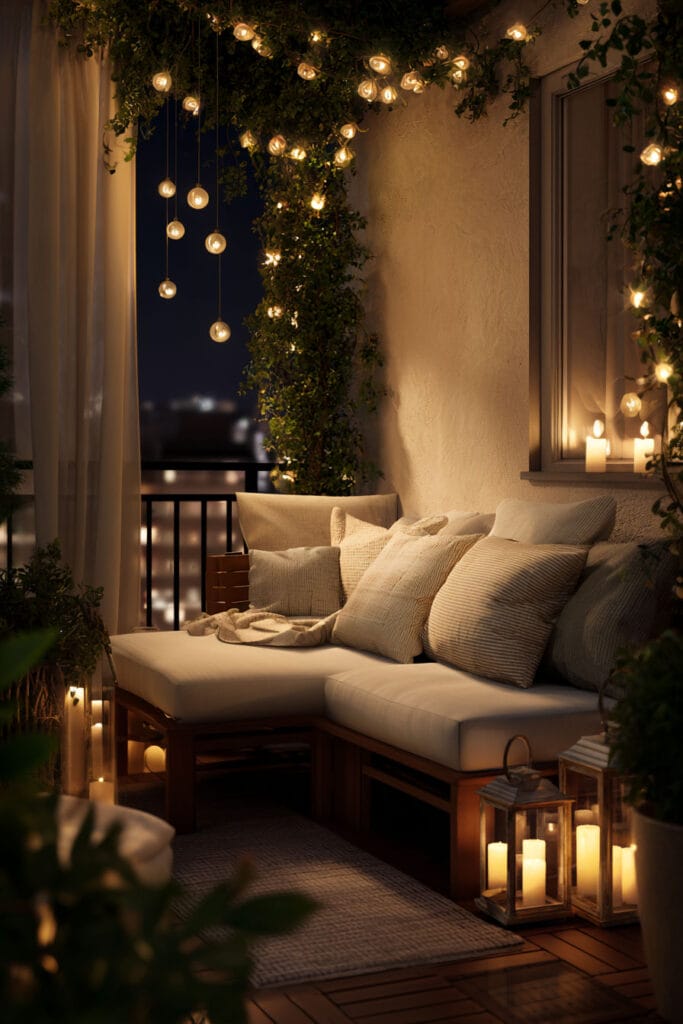 Cozy balcony with warm layered lighting, hanging globe lights, string lights, lanterns, candles, neutral seating, and climbing greenery at night.