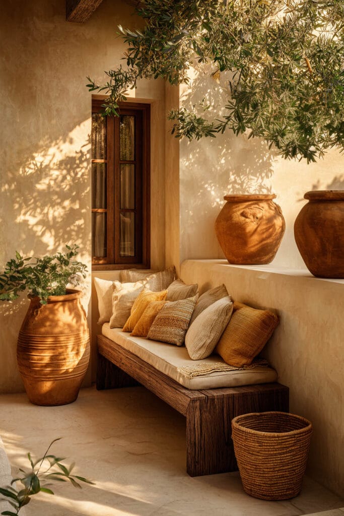 Mediterranean balcony with warm terracotta color palette, olive tree, clay pots, wooden bench seating, and neutral cushions in golden sunlight.