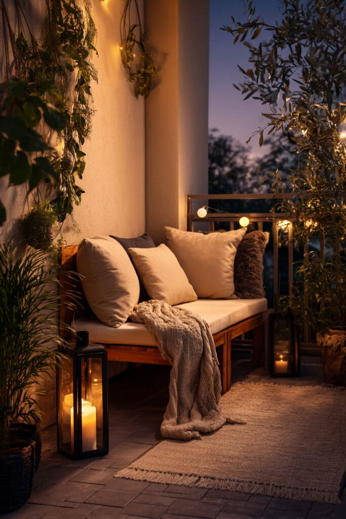 Cozy balcony bench with lantern candles, globe string lights, neutral cushions, throw blanket, and warm evening lighting.