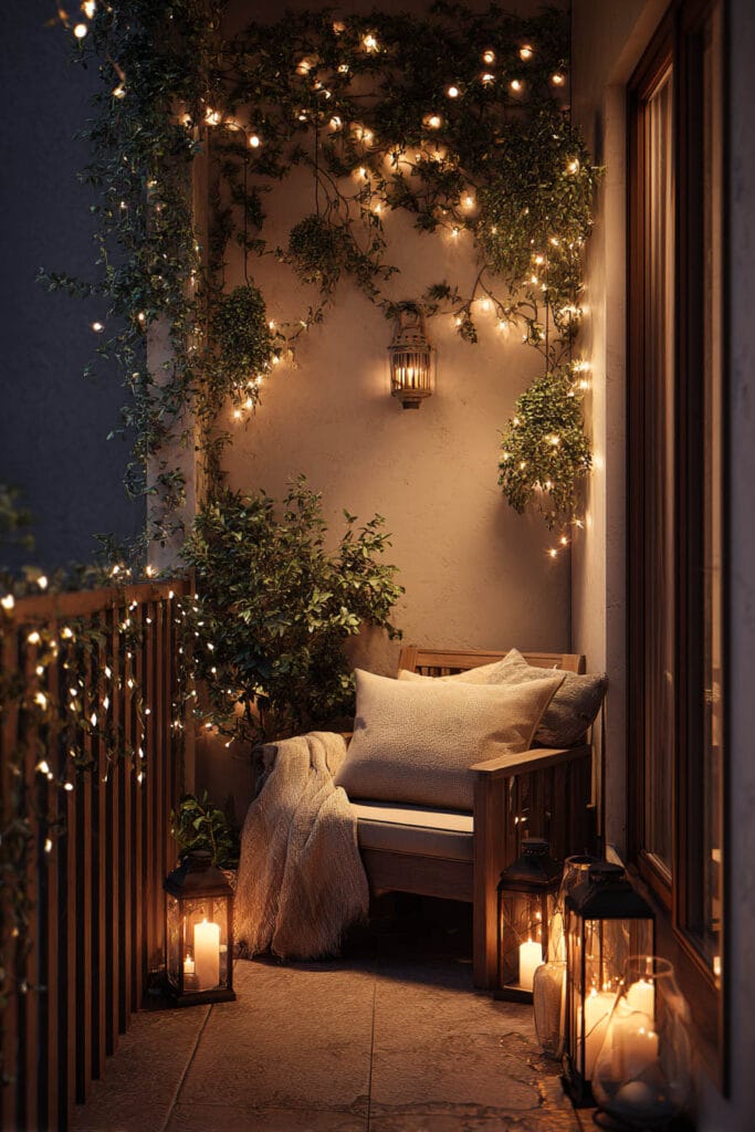 Small balcony with candle lanterns, fairy lights, climbing greenery, cozy chair seating, and warm romantic lighting at night.