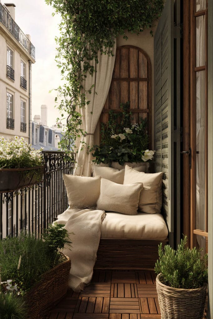 French balcony with linen cushions, woven planters, climbing vines, wood shutters, and timeless Parisian-inspired outdoor decor.