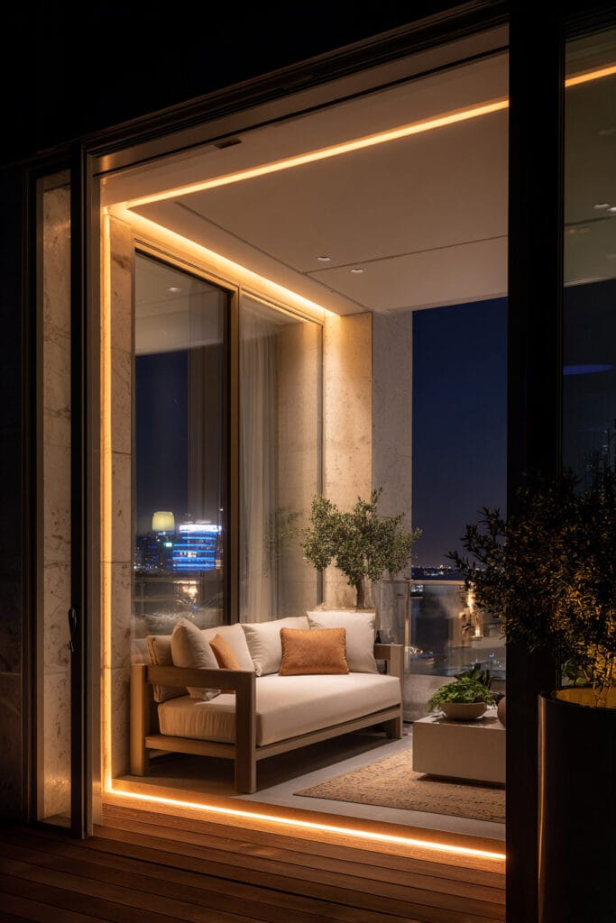 Luxury modern balcony with integrated LED strip lighting, contemporary outdoor sofa, city skyline views, and upscale architectural design at night.