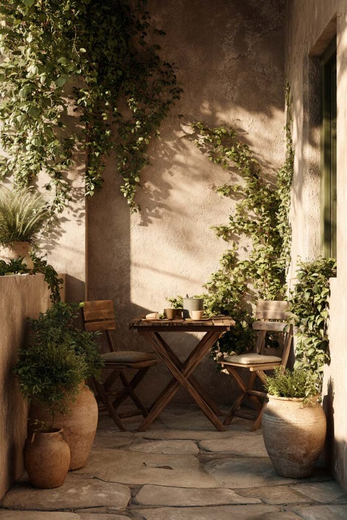 Mediterranean balcony café corner with wooden bistro table, climbing vines, terracotta pots, stone flooring, and cozy outdoor seating.