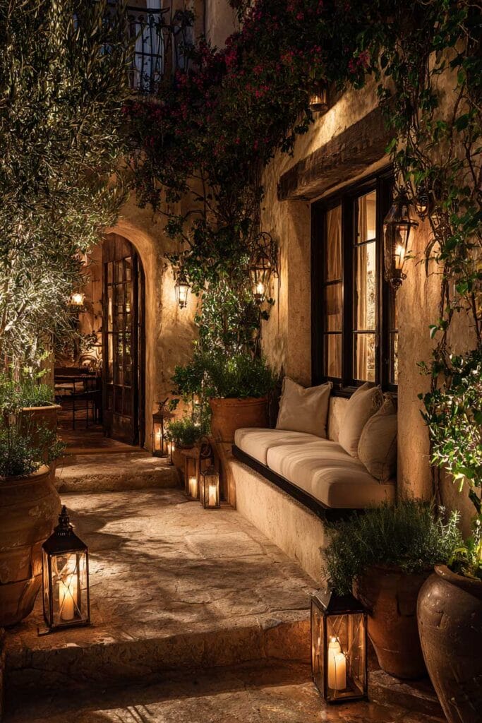 Mediterranean balcony at night with rustic lanterns, terracotta pots, climbing vines, olive trees, stone flooring, and warm ambient lighting.