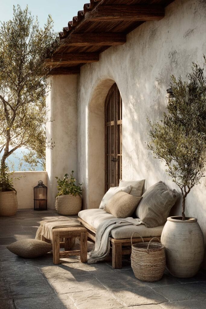 Mediterranean balcony with whitewashed stucco walls, olive trees, rustic wood seating, woven baskets, linen cushions, and natural textured decor.