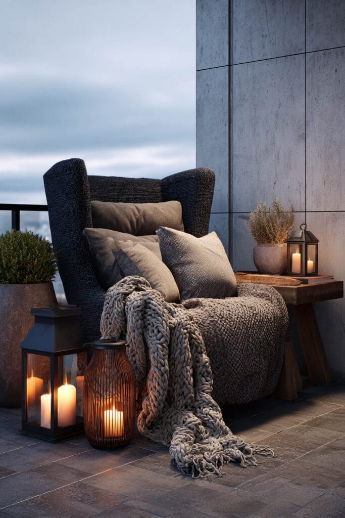 Moody balcony with oversized lounge chair, chunky knit blanket, textured pillows, candle lanterns, and warm ambient lighting.