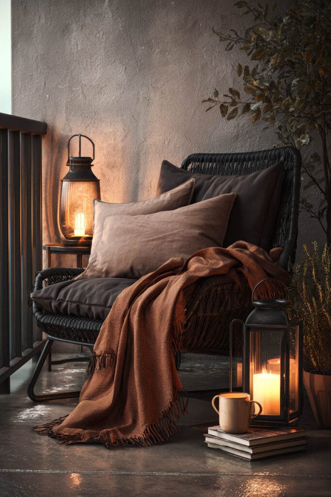 Cozy balcony reading nook with lanterns, candlelight, books, soft blankets, and comfortable chair creating a warm evening atmosphere.