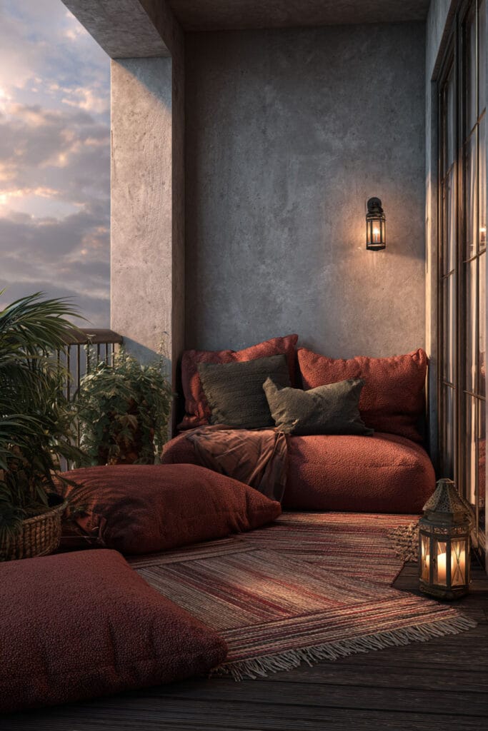 Moody balcony with terracotta floor cushions, textured lounge seating, layered pillows, warm lantern lighting, and cozy outdoor decor.