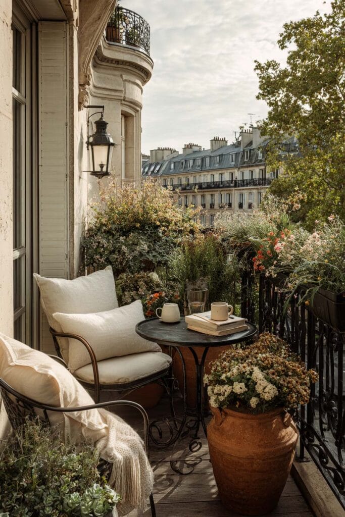 Paris balcony coffee nook with cushioned chairs, black bistro table, terracotta planters, flower-filled railing boxes, and city views