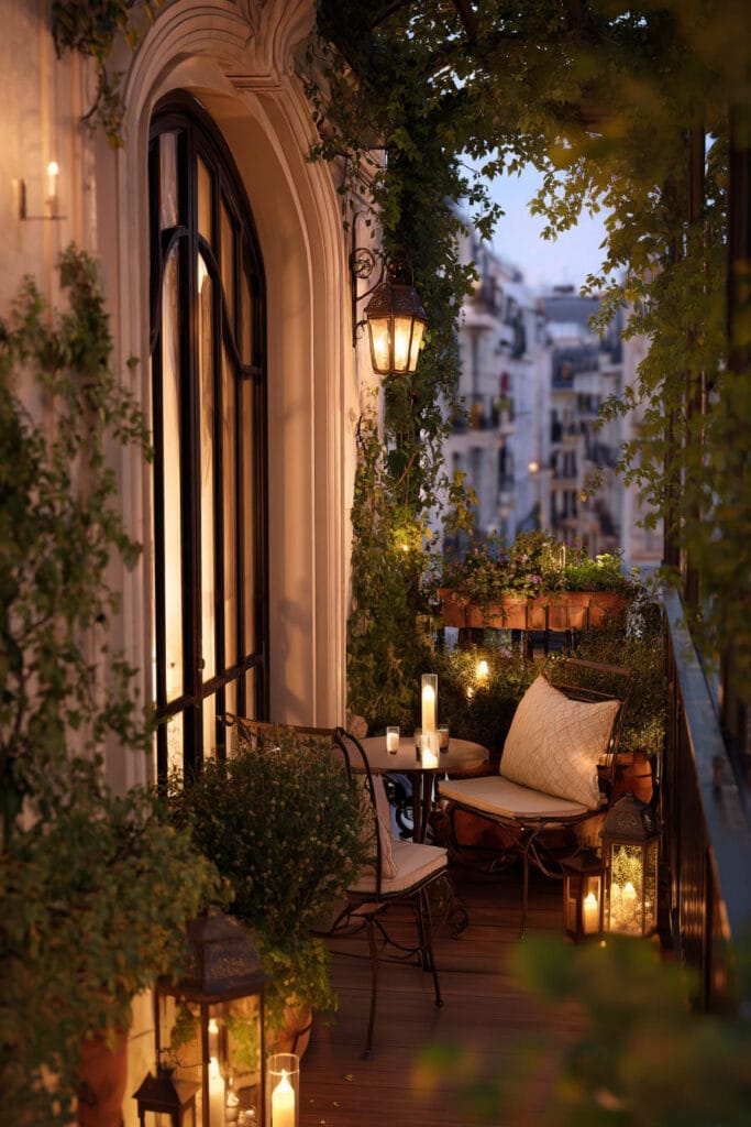 Paris balcony at night with lanterns, candlelight, climbing vines, and cozy hidden café atmosphere