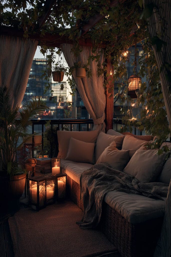 Romantic balcony with candle lanterns, pergola greenery, soft cushions, curtains, and cozy evening lighting.