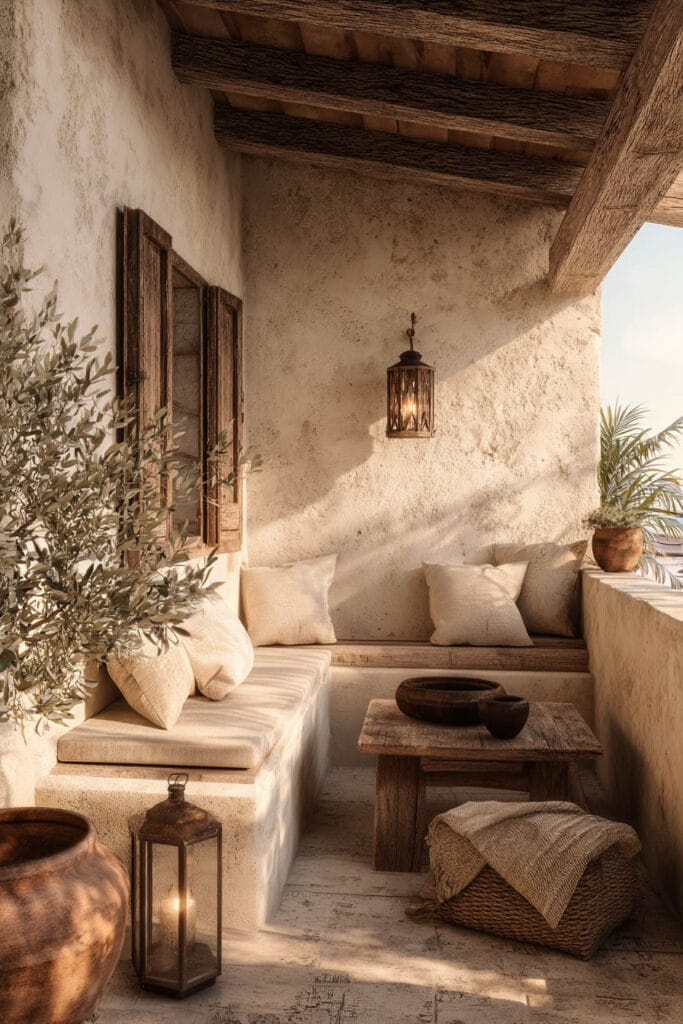 Mediterranean balcony with built-in bench seating, weathered wood coffee table, neutral cushions, lantern decor, olive tree, and sun-washed textured walls.