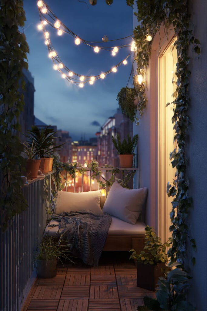 Tiny balcony with warm string lights, climbing vines, cozy seating, and city views creating a magical outdoor retreat at dusk