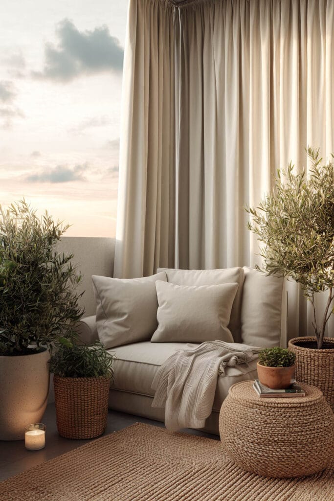 Romantic neutral balcony with cream sofa, linen curtains, olive trees, woven pouf, natural textures, and soft cozy decor