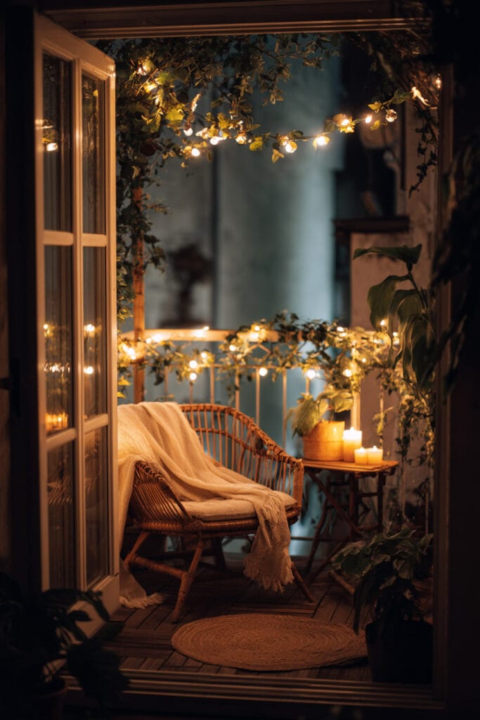 Cozy balcony seating area with string lights, candles, woven chair, plants, and warm ambient lighting at night.